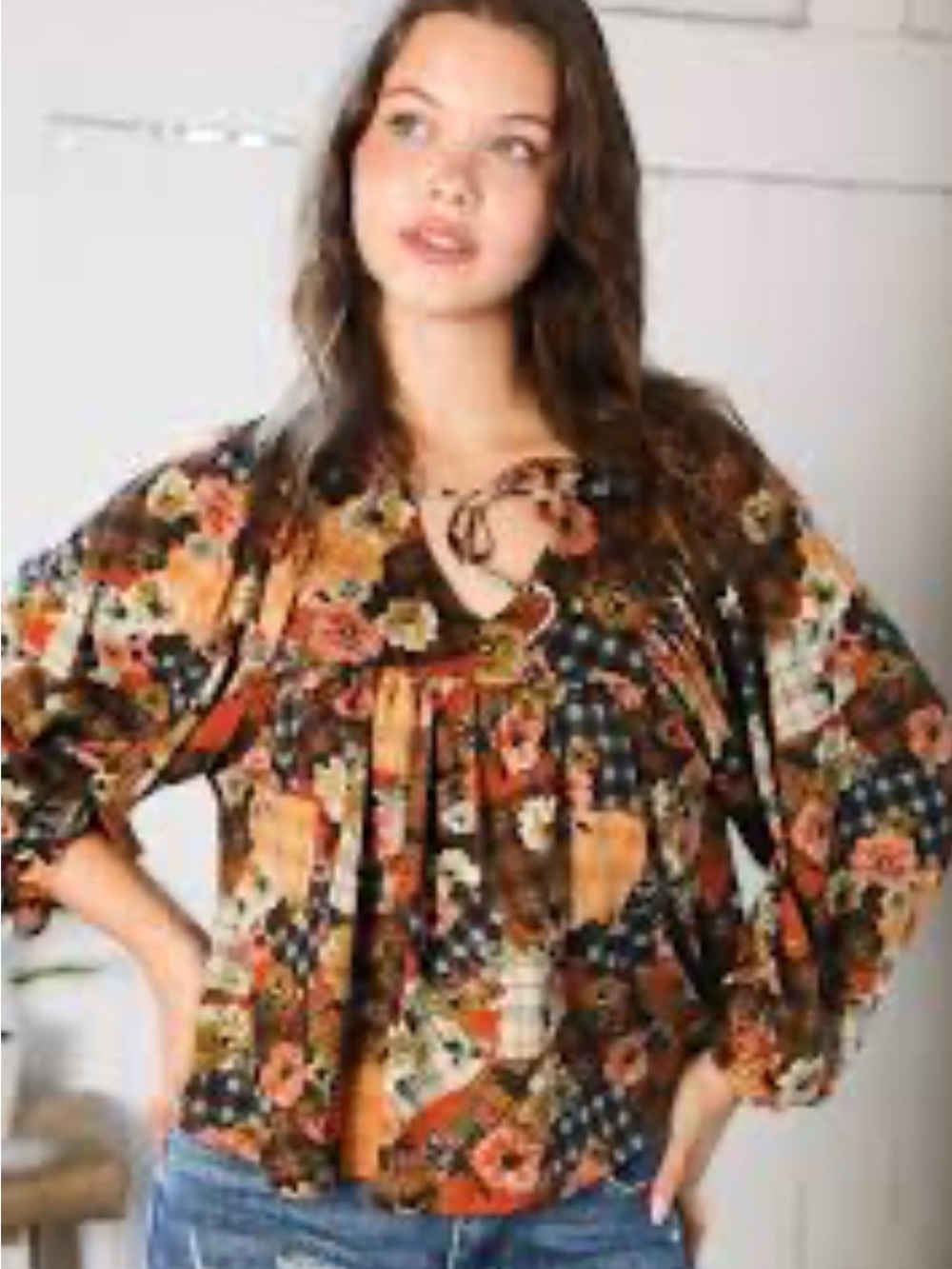 Luukaa Brown Multi Floral Patchwork Peasant Blouse